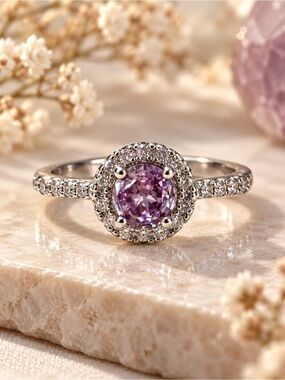 Purple Crystal Halo Adjustable Ring Silver Tone Sparkly Statement Jewelry